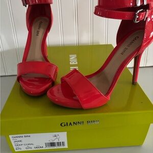 Gianni Bini Shiny Coral Patent Ankle-Strap Heels